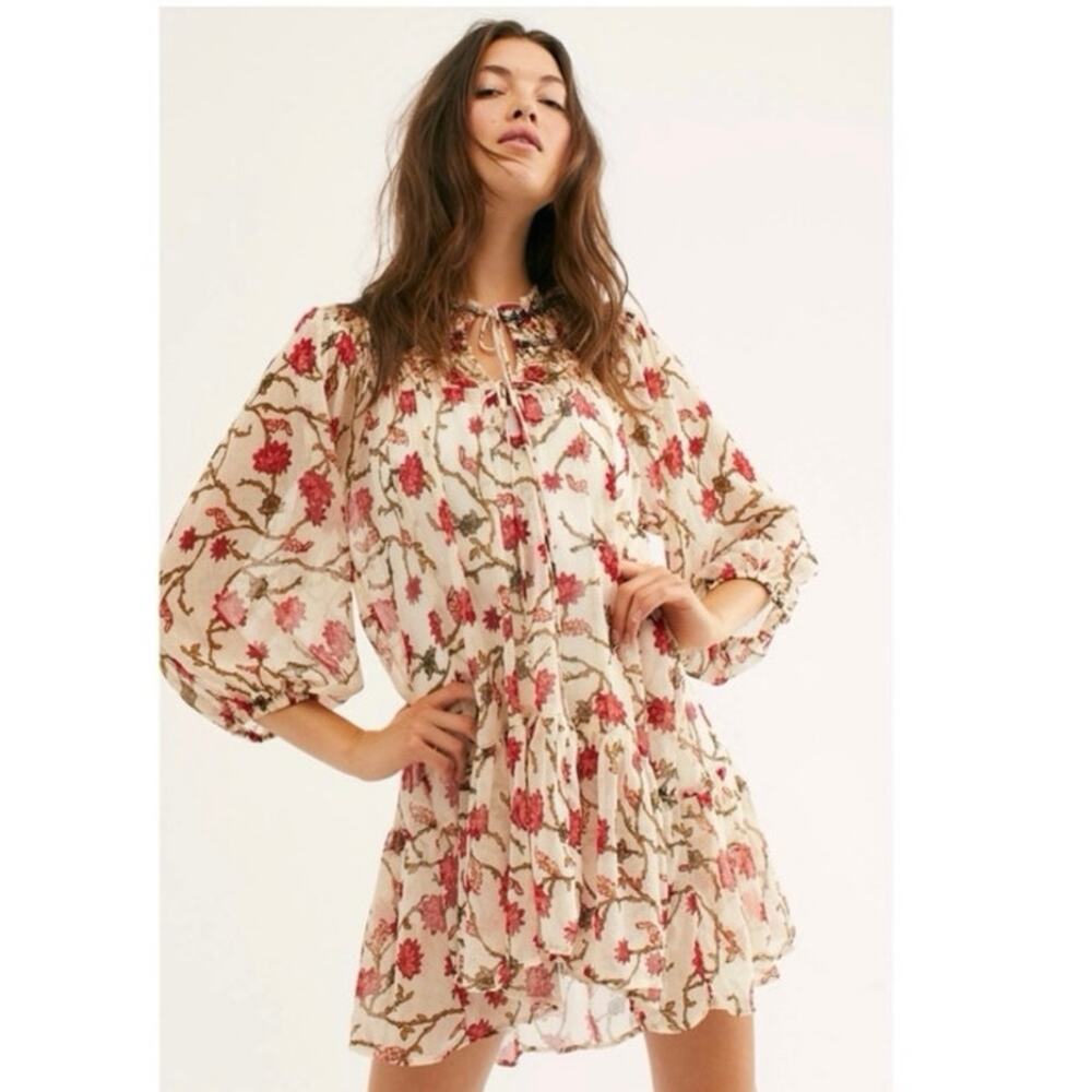 Free people NWT Keeping Up With Kara Cream Red Tunic Dress, Size Small